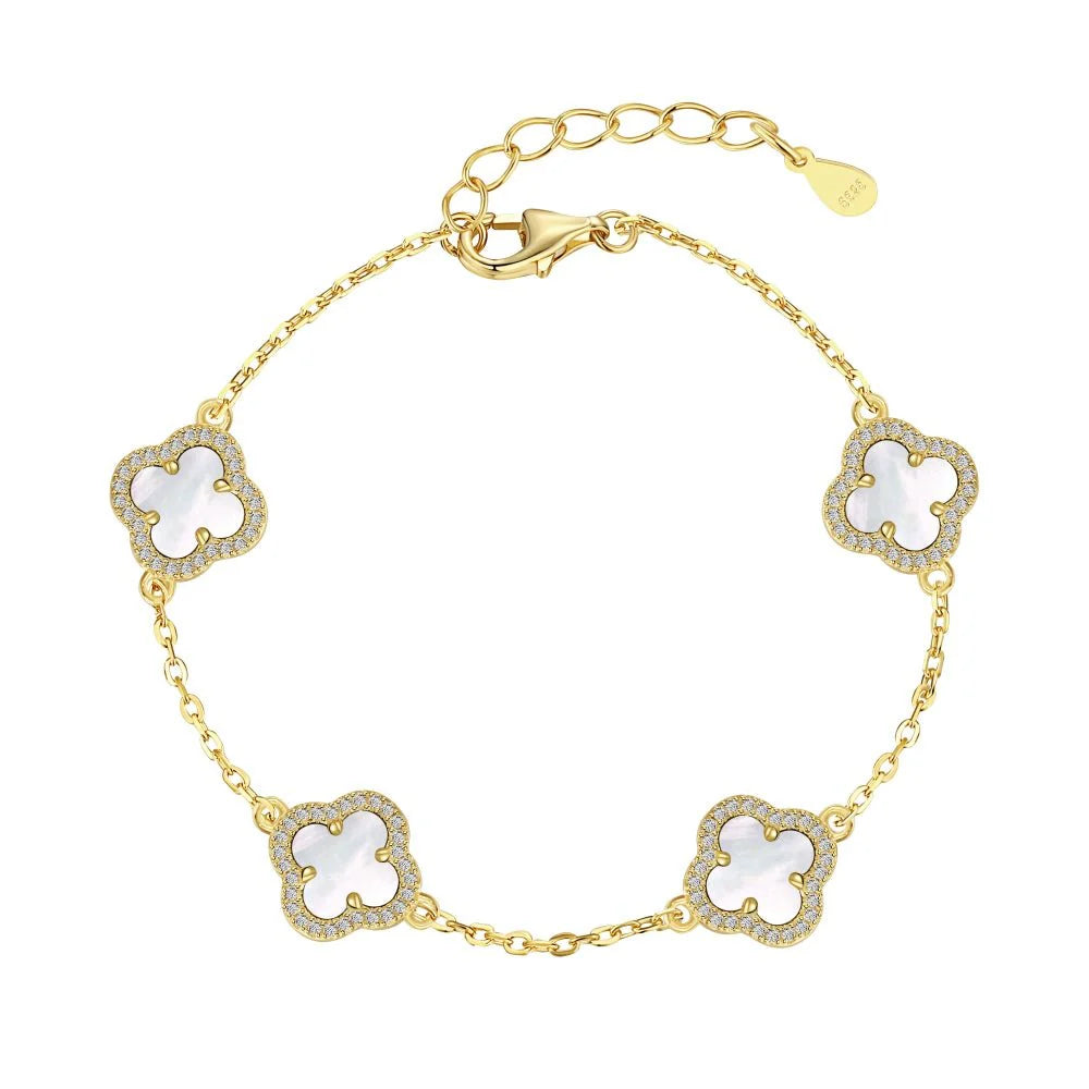 Gold mini white iced clover bracelet