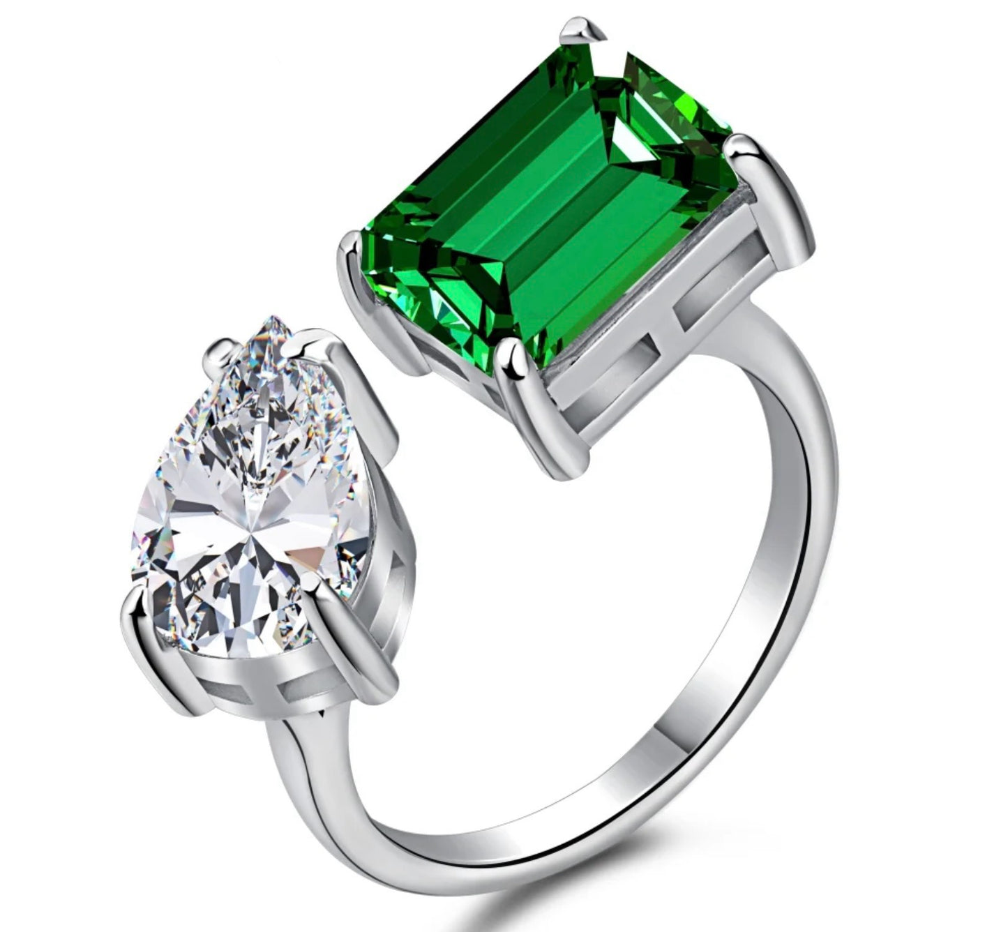 Adjustable Pear x Green Emerald cut Ring