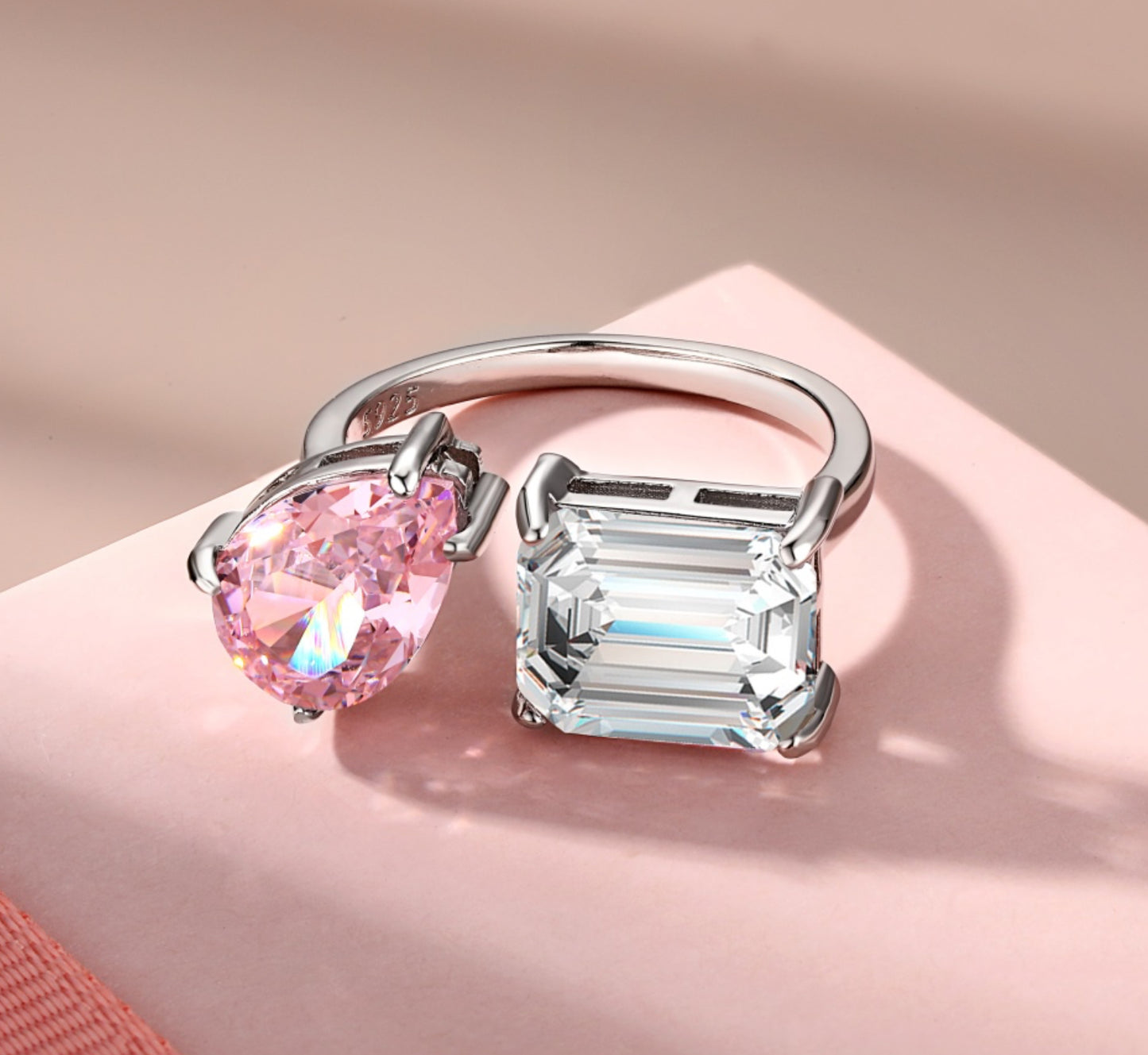 Adjustable Pink drop x Emerald cut Ring